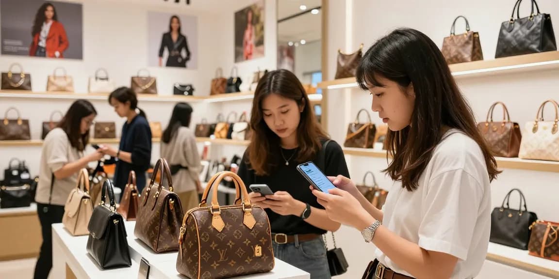 High-end shopping experience at a 레플리카 사이트 showcasing luxury products and a satisfied customer.