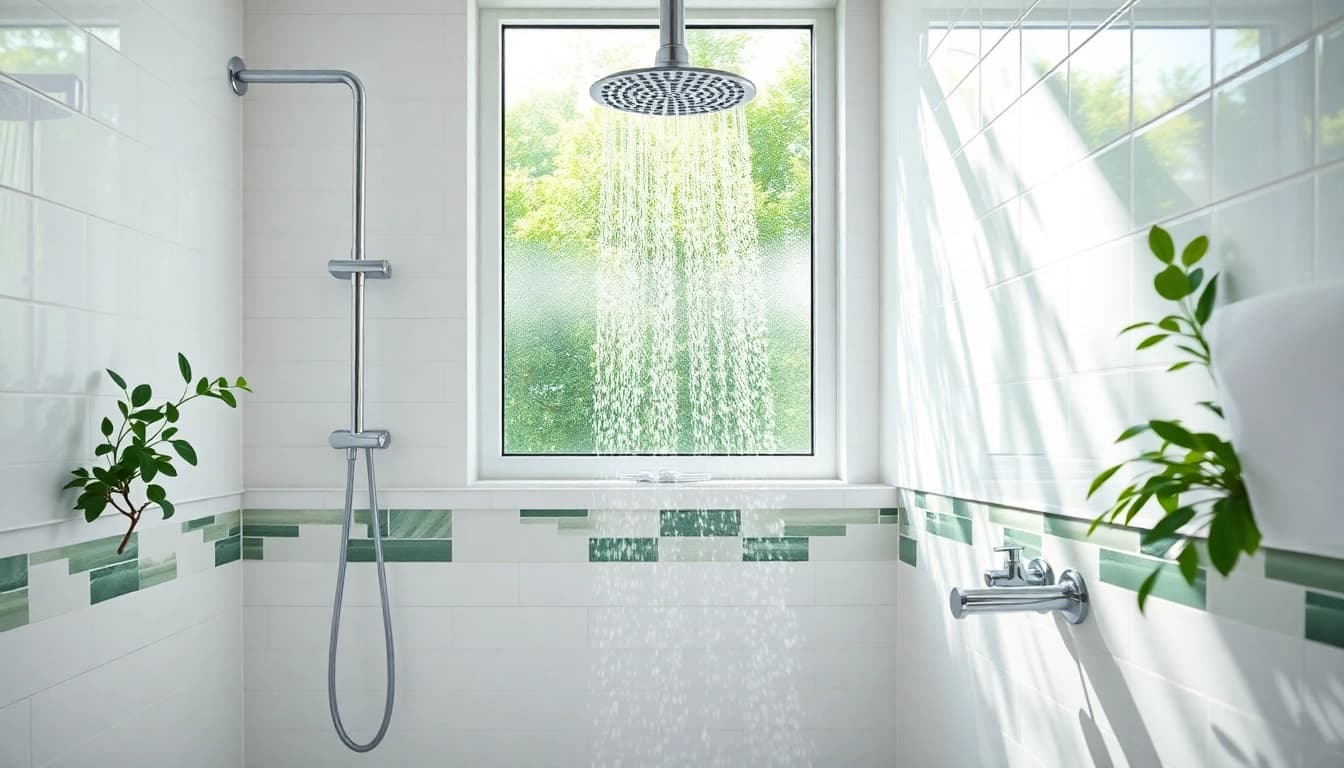 Sunny Shower USA Inc showcases a modern, eco-friendly shower design in a bright bathroom setting.
