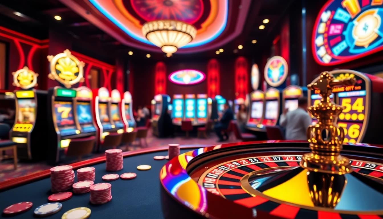 Casino en ligne Français 2026 mettant en avant une atmosphère de jeu vibrante et luxueuse avec des jetons de poker et une roue de roulette.