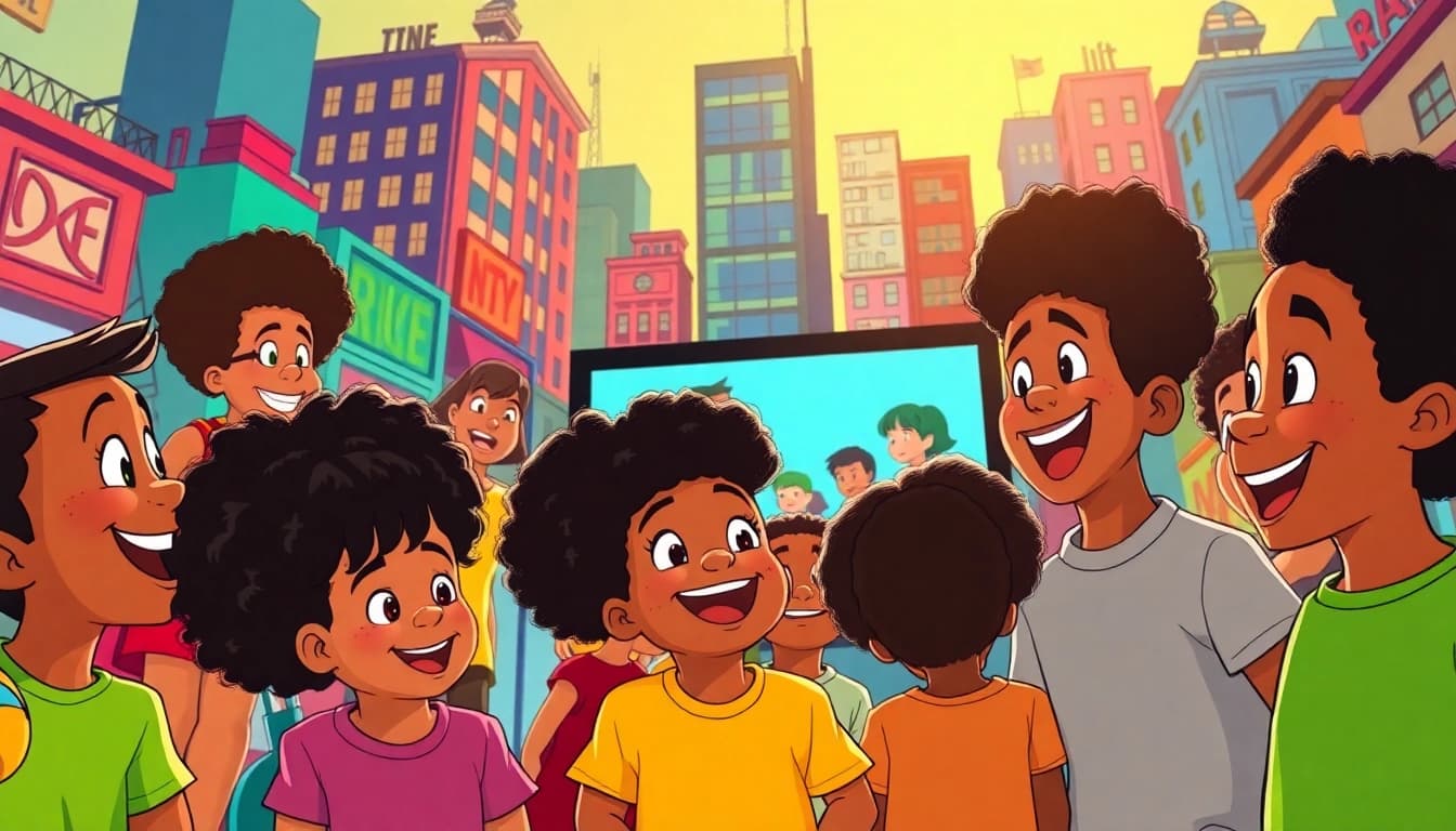 A vibrant depiction of African American cartoons bringing joy to children, showcasing diversity and representation.