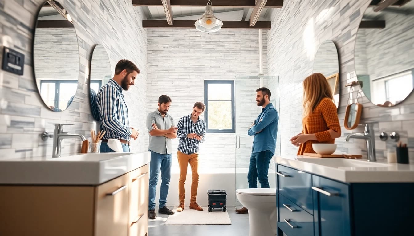 Bathroom builders working on a modern bathroom renovation showcasing stylish designs and elegant fixtures.