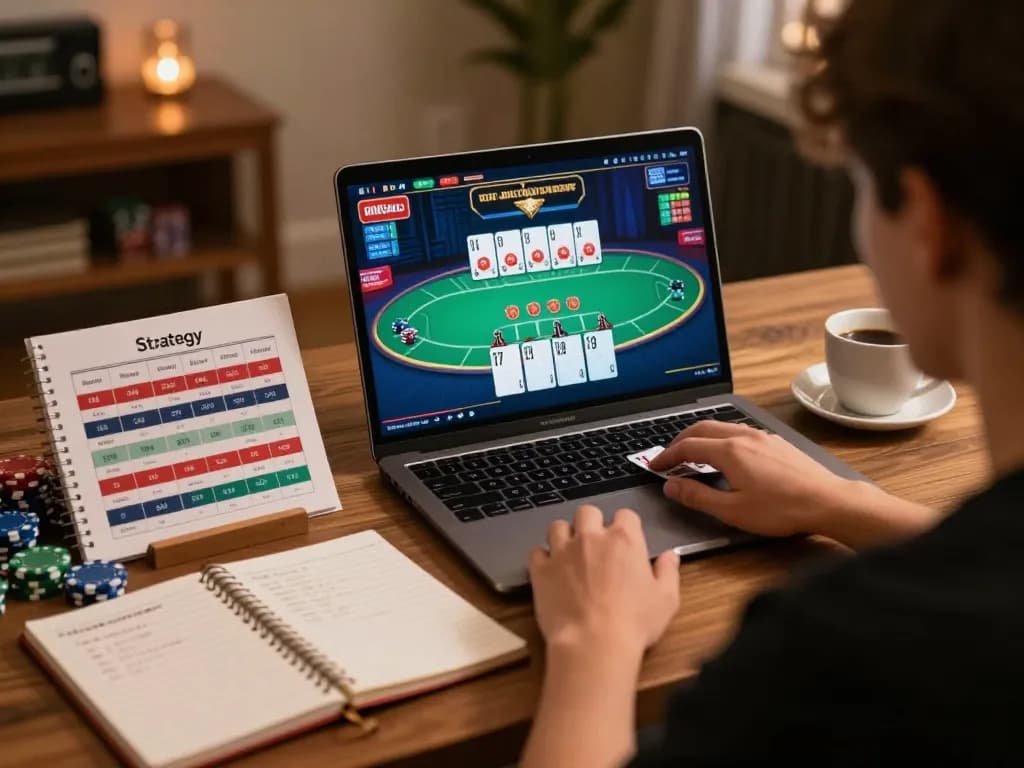 Engaging in ทดลองเล่นสล็อต online, a player navigates a live dealer game on their laptop, highlighting strategic gaming.