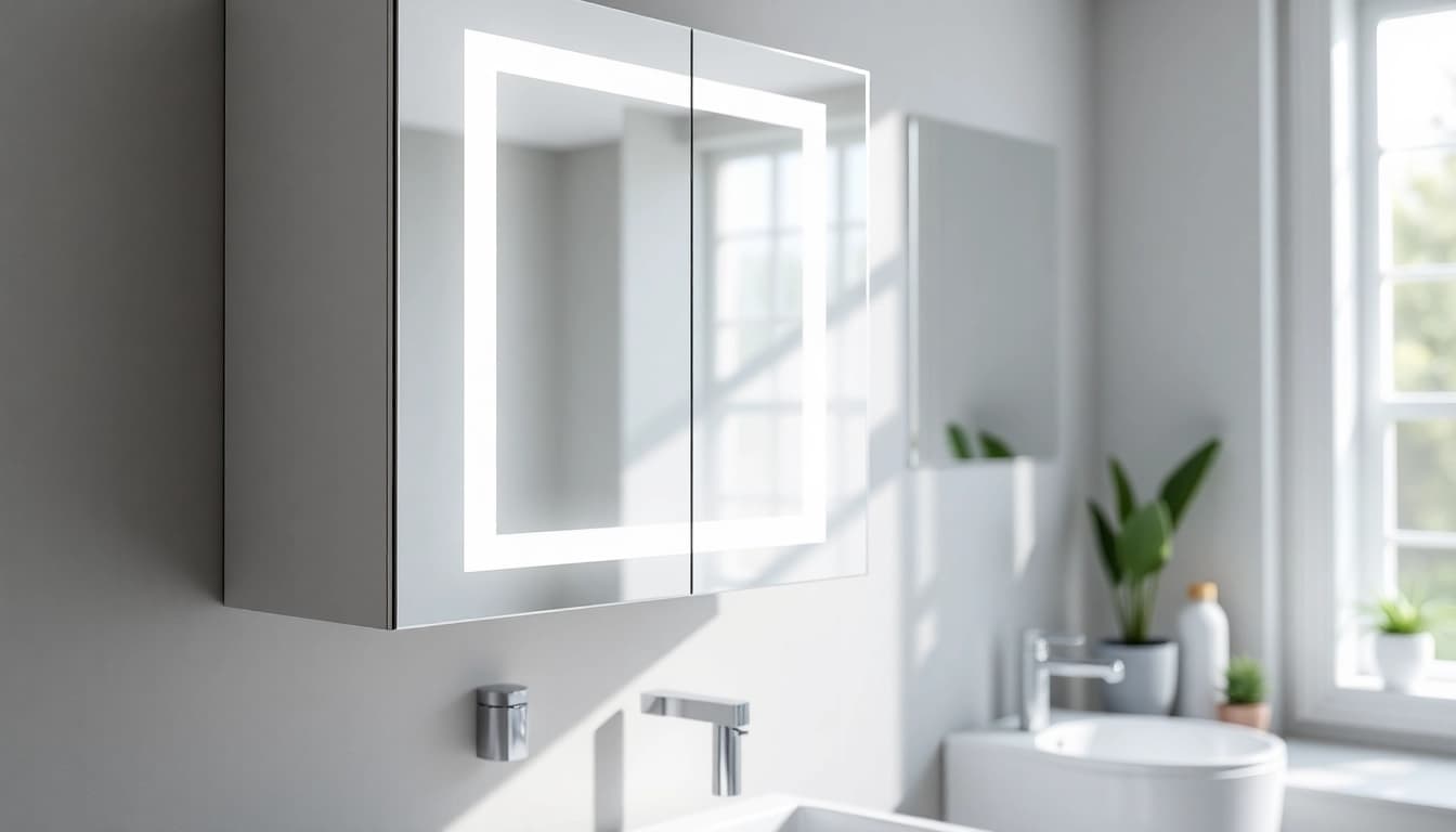 Spiegelschrank mit LED Beleuchtung in modernem Badezimmer-Design beleuchtet, stilvoll und funktional.