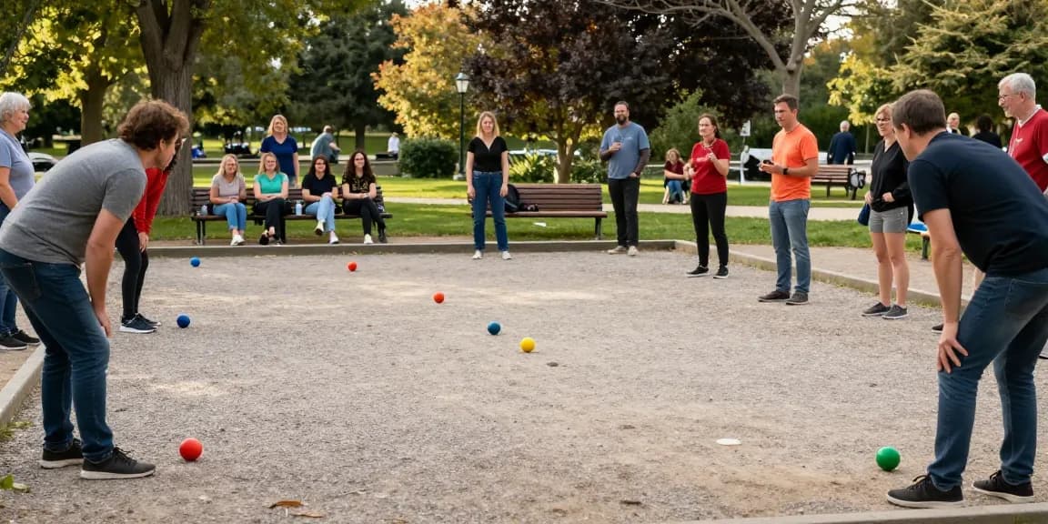 Permainan petanque yang diadakan di taman oleh fopikotabanjarba.org dengan suasana ceria dan interaksi komunitas.