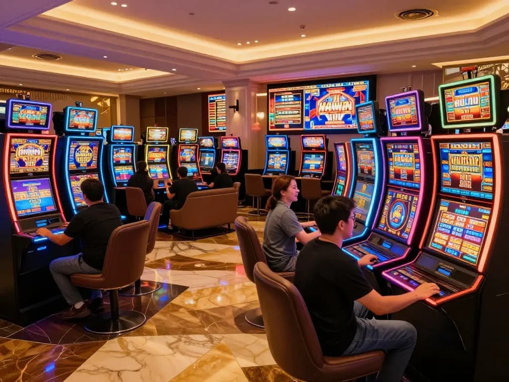 Players enjoying thrilling games on a situs slot gacor with vibrant slot machines illuminating the casino.