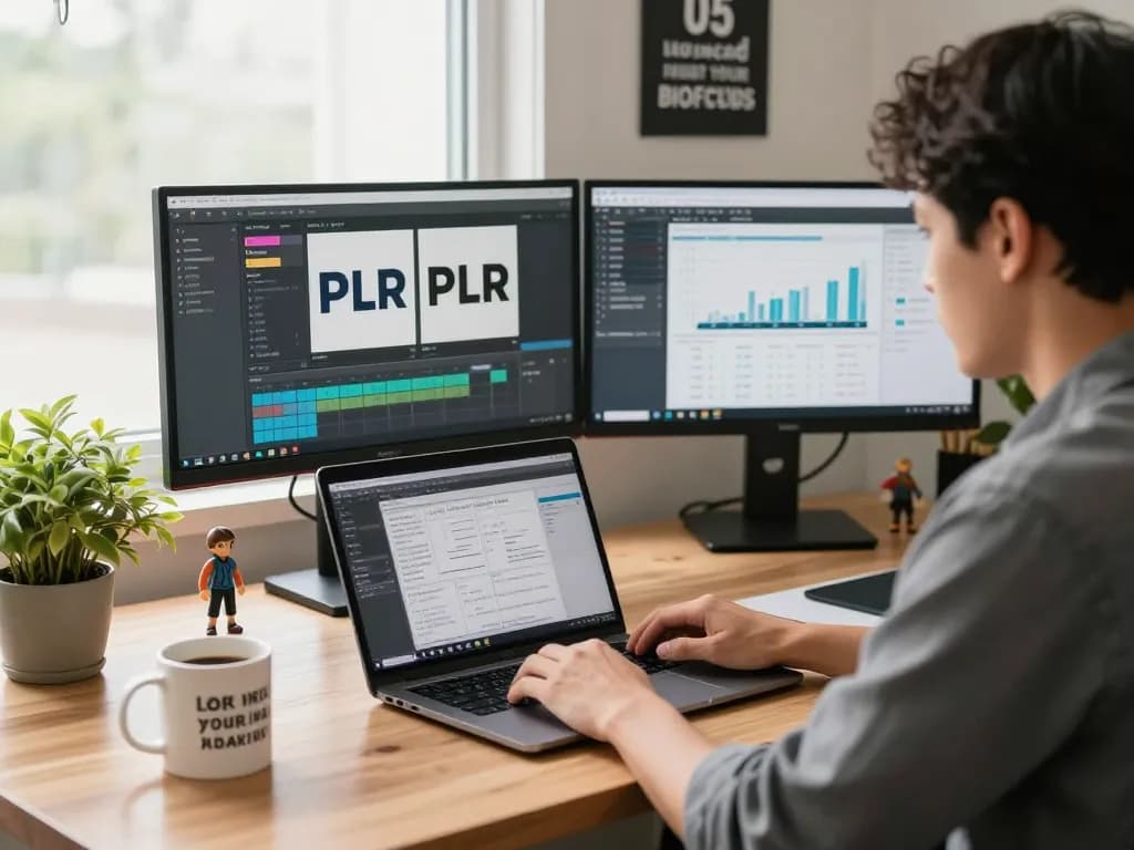 Purchase PLR Content in a vibrant home office setting with digital marketing insights.