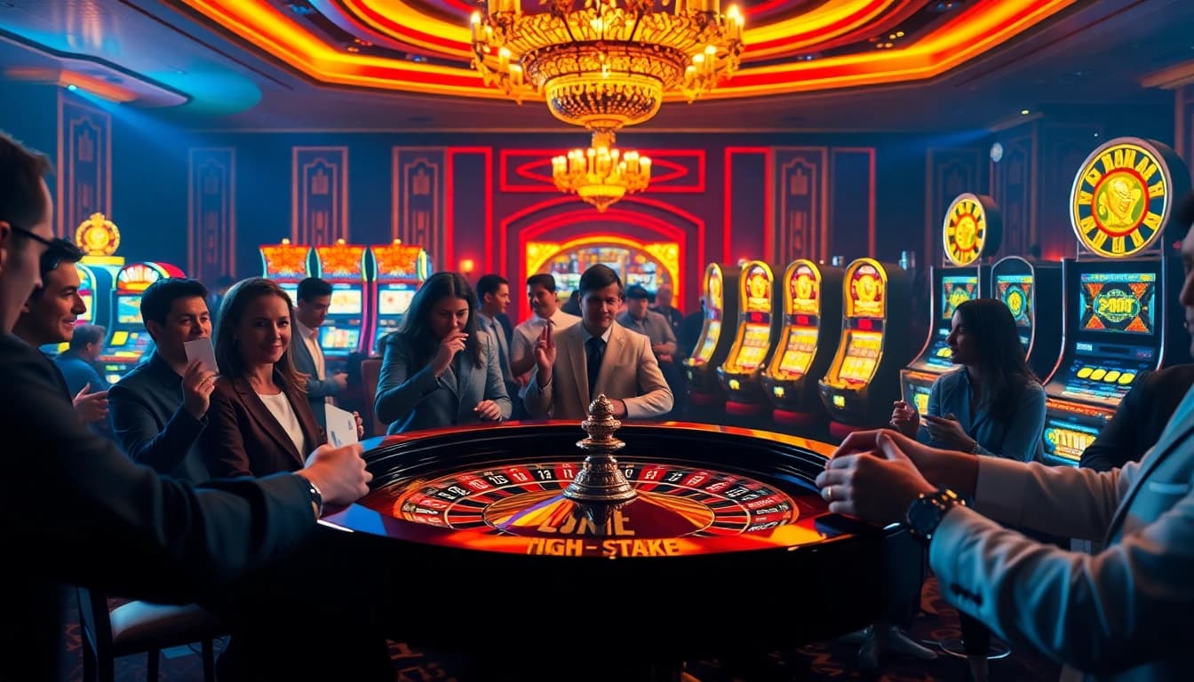 Experience the thrill of idnslot gaming at a vibrant casino, featuring a bustling roulette table and illuminated slot machines.
