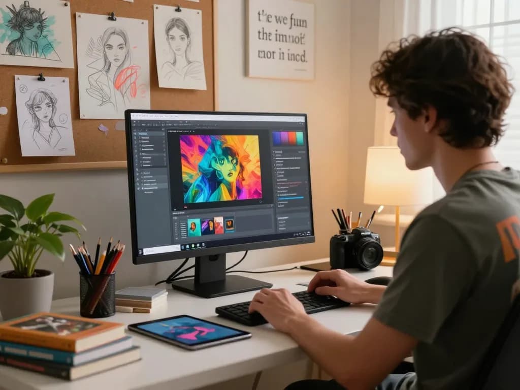 Artist utilizing an image to prompt generator in a colorful creative workspace, focused on digital art creation.