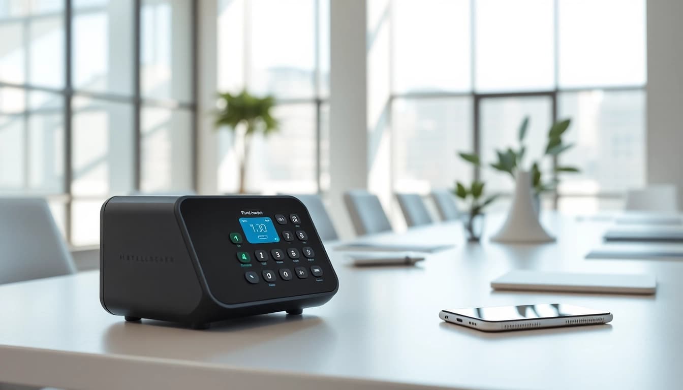 Phonelocker in modern office setting, showcasing sleek design and high-tech atmosphere.
