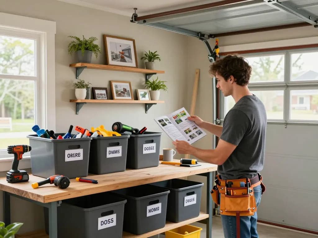 Homeowner using more helpful hints to organize a garage workspace effectively.