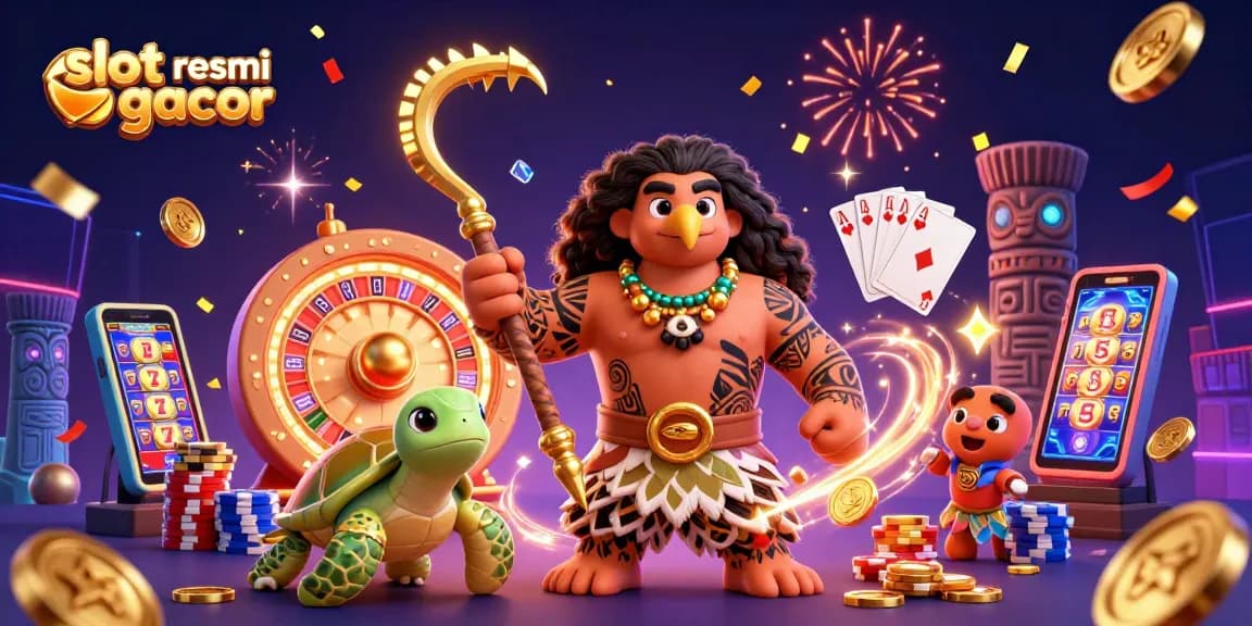 Engage with slot resmi gacor through a vibrant 3D casino scene filled with dynamic elements and festive excitement.