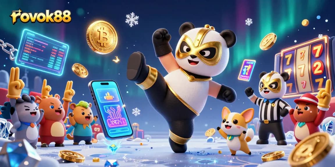 Panda wrestler kicks in excitement at rokok88 casino, surrounded by vibrant 3D coins and slot symbols.