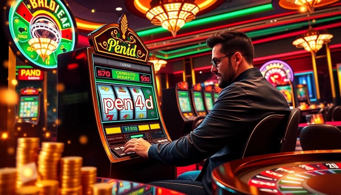 Engaging scene of a player enjoying a slot machine game named pen4d in a luxurious casino environment.