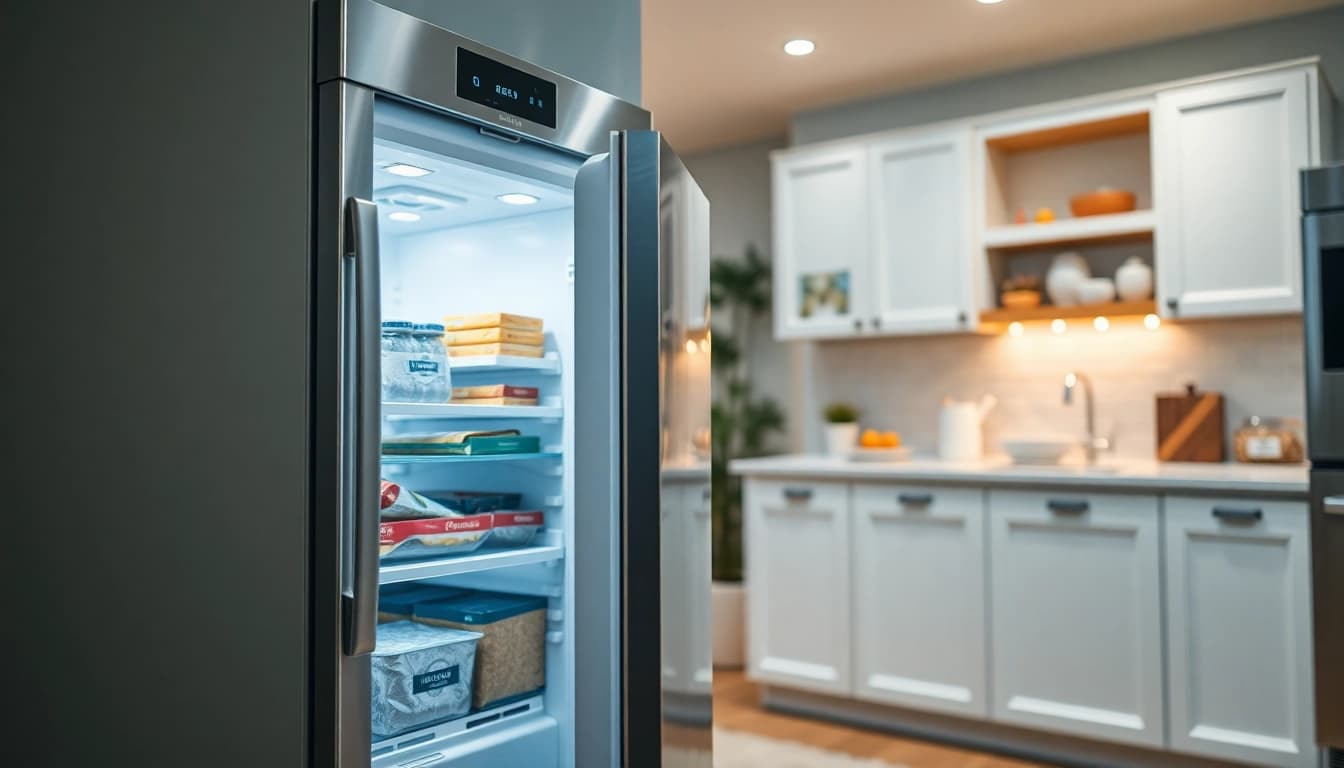 Organize your freezer efficiently with a modern design and neatly arranged frozen foods.