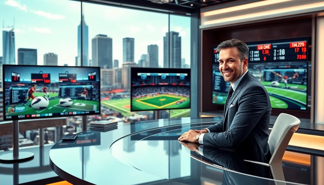 Engaging sports broadcasting anchor delivering live updates in a vibrant studio.