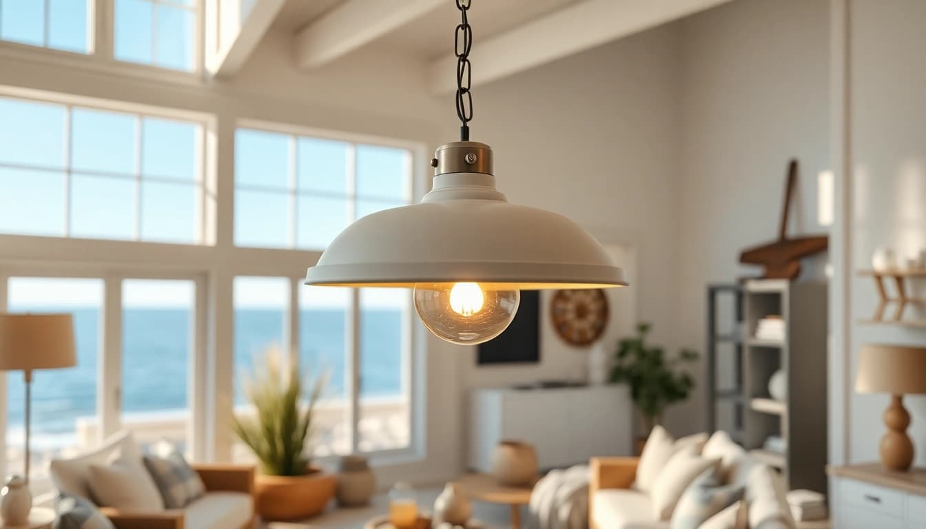 A beautiful island light fixture illuminating a coastal living room with ocean views.