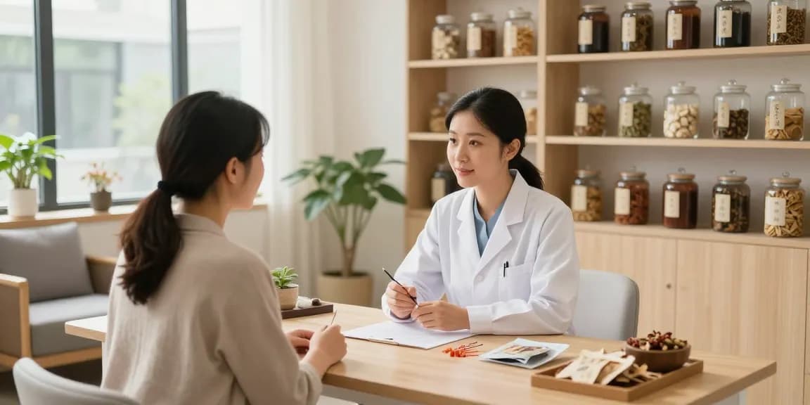 Consultation at 영통한의원 with an acupuncturist providing personalized treatment advice in a serene clinic environment.