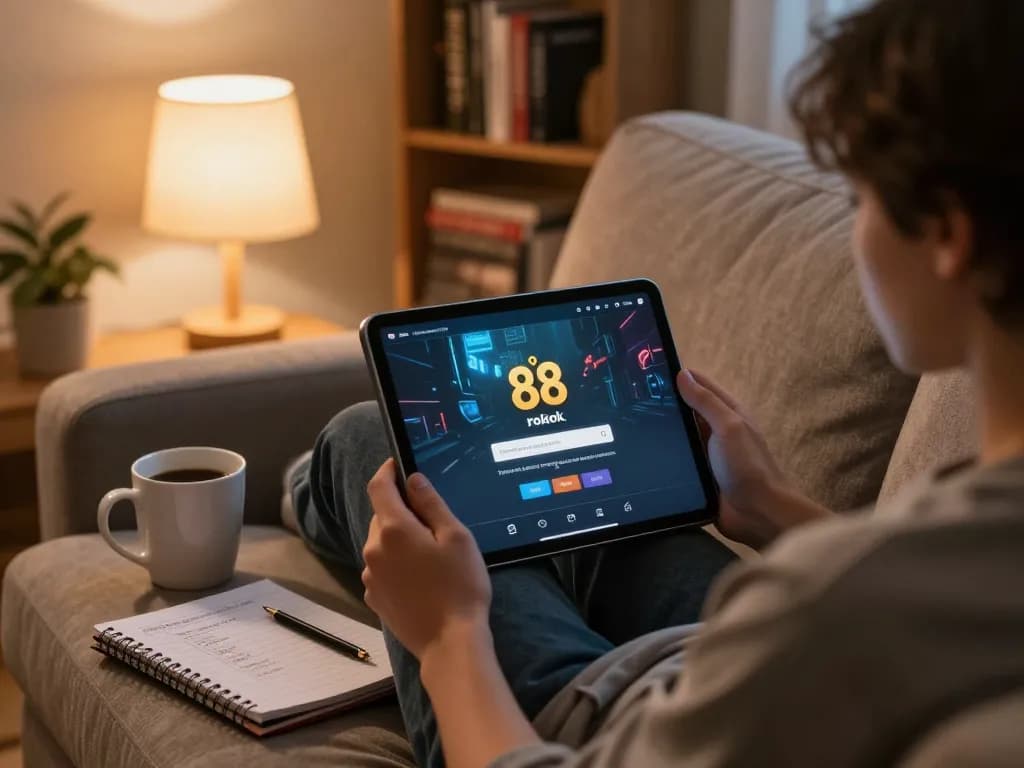 Engaging in online gaming with rokok 88 login on a tablet in a cozy home setting.