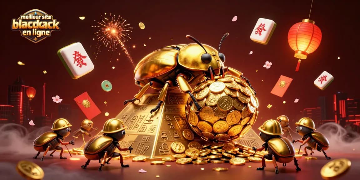 Jouez sur le meilleur site de blackjack en ligne, découvrez une scène de casino dynamique remplie de pièces d'or et de symboles chanceux.