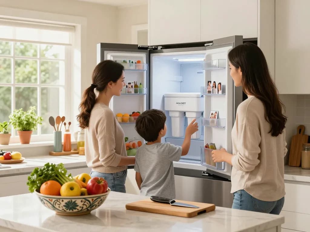 AQUA CREST 5231JA2002A Refrigerator Water Filter demonstration in a welcoming kitchen setting.