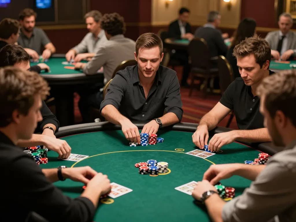 Players engaging in a thrilling poker game at 888top casino, showcasing strategic gameplay and vibrant atmosphere.