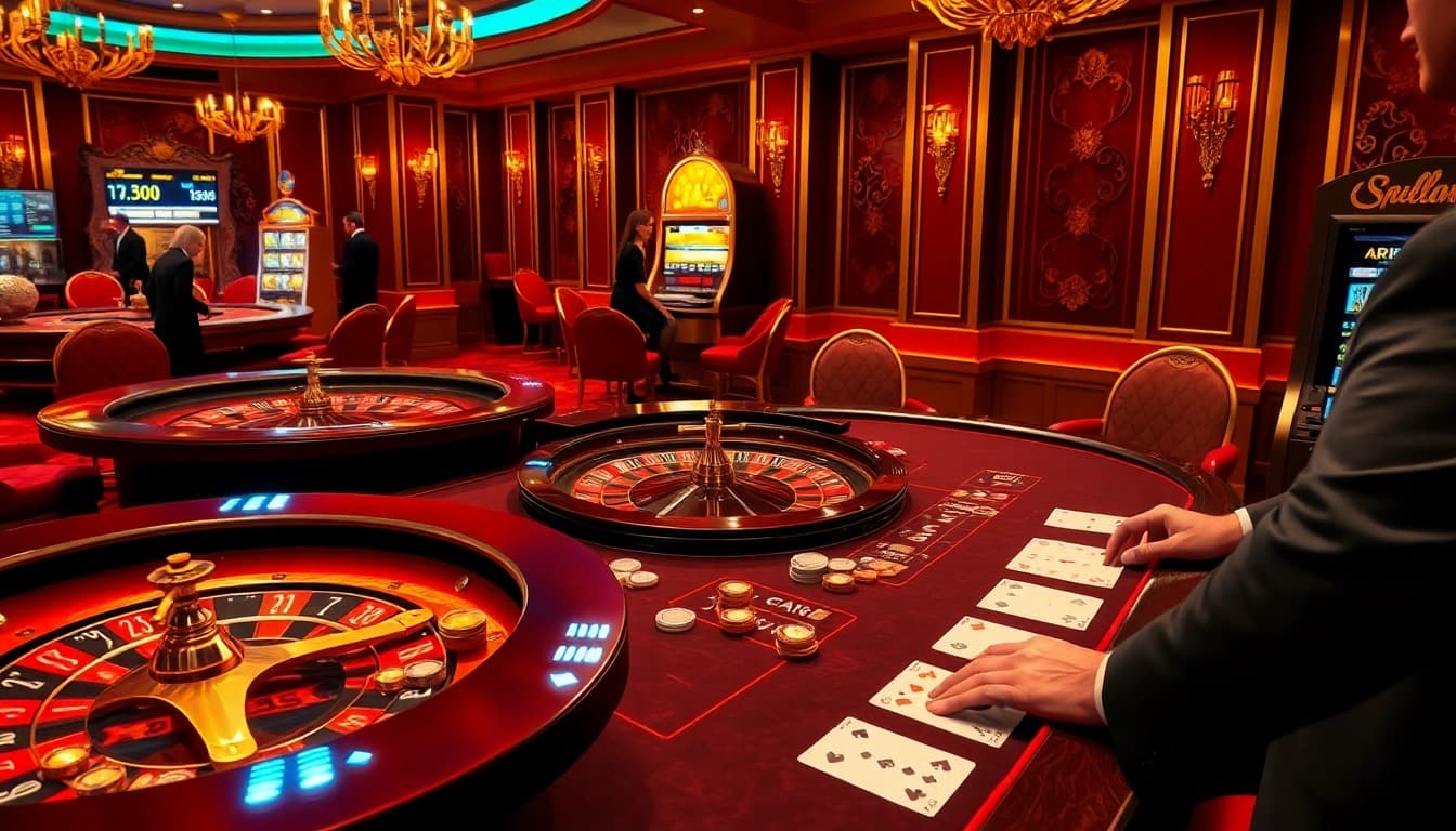 Players strategize with 'porn ai' as they engage in a luxurious casino experience with vibrant roulette and poker games.