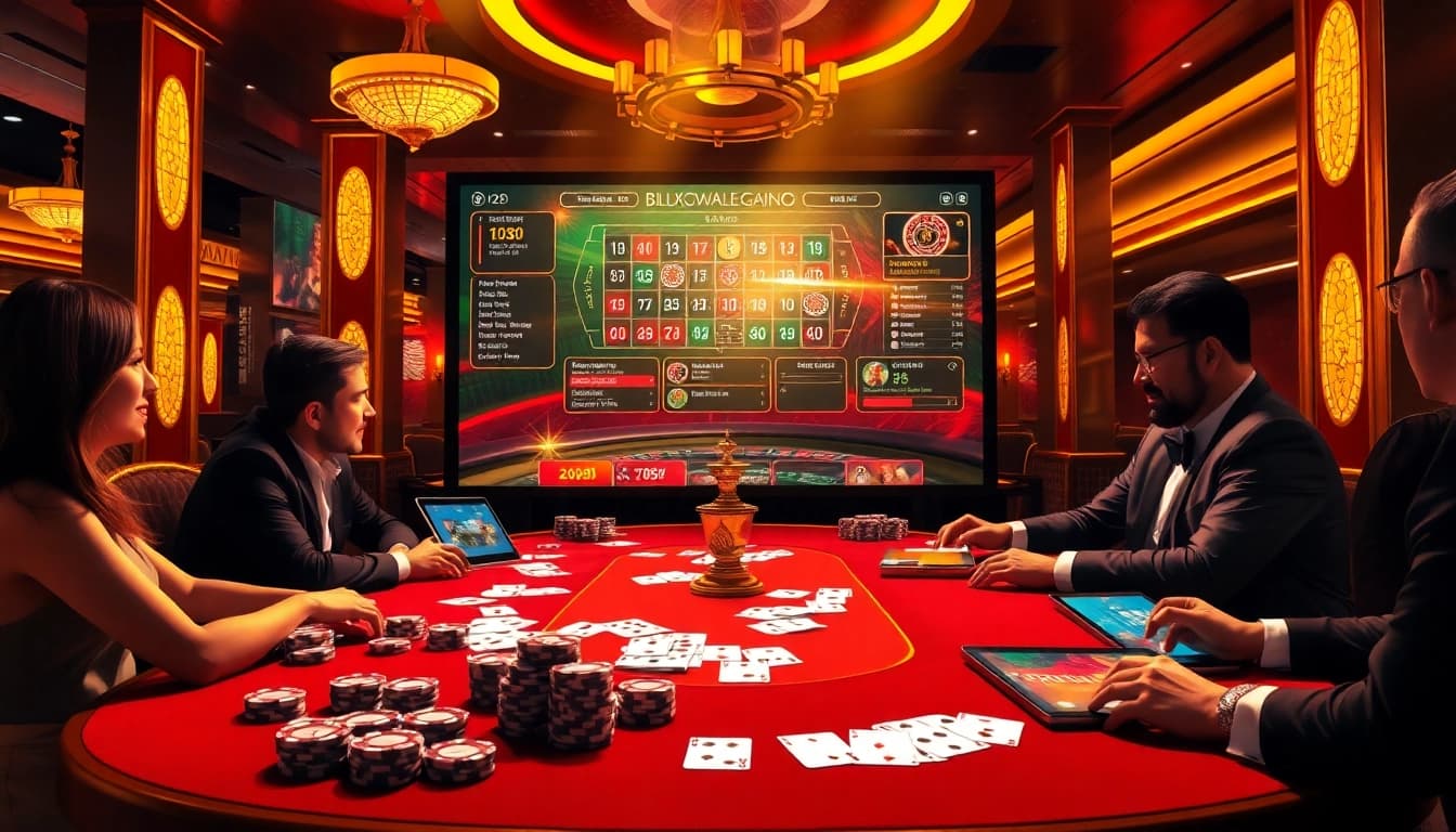 Une scène captivante mettant en avant un casino en ligne français 2026 avec des joueurs jouant à la roulette et au blackjack.