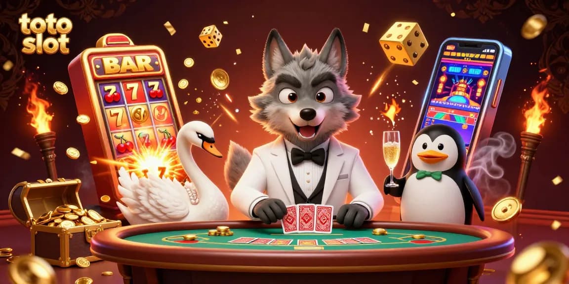 Experience the excitement of toto slot with a festive 3D scene featuring casino characters and explosive winnings.