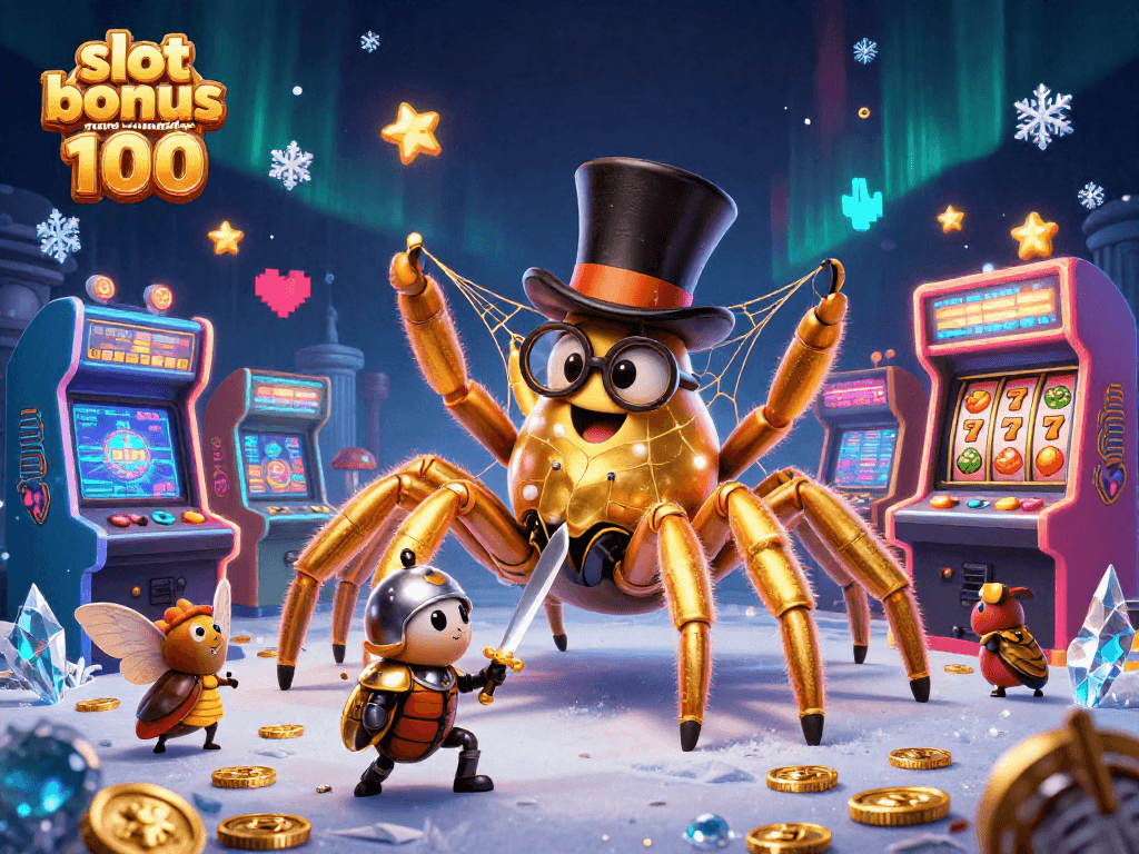 Engage in thrilling casino play with slot bonus new member 100 as the golden tarantula weaves a web of fun in this vibrant 3D scene.