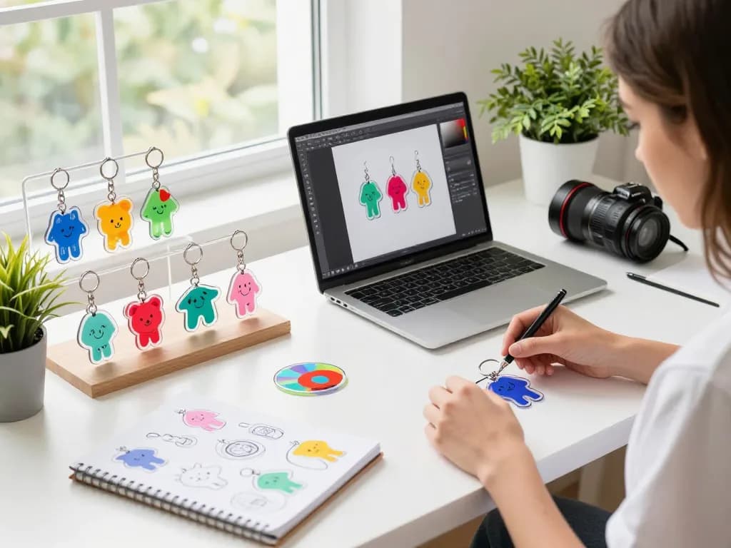 Artist designing an acrylic keychain custom in a bright workspace.