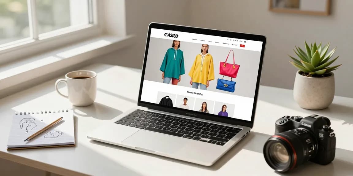 Fashionable online shopping scene showcasing shs-dome5.com products on a sleek laptop in a bright workspace.