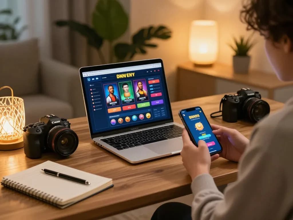 Sit at a comfortable gaming setup with a laptop showing situs slot online while planning strategies.