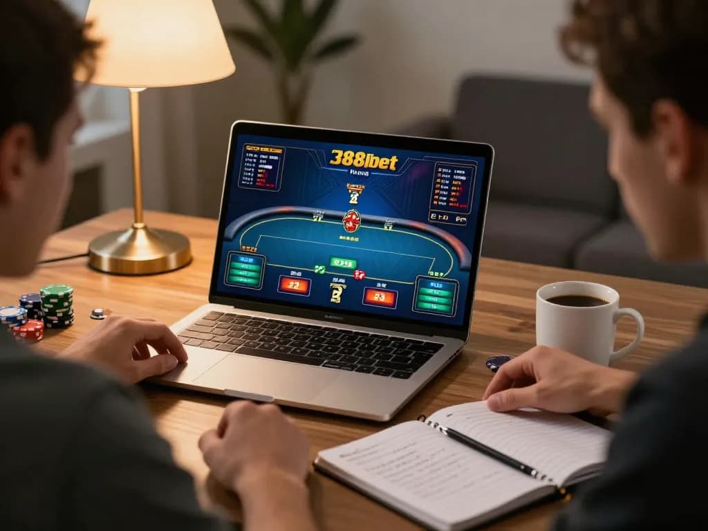 Engaged players strategizing poker at 388bet online casino from home, enhancing gameplay experience.