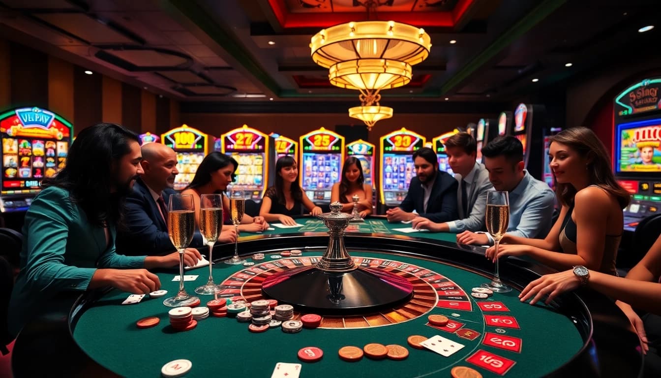 Engaging casino scene featuring RTP Pragmatic Play slot machines and excited players at a roulette table.
