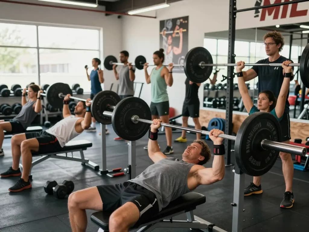 Active individuals demonstrating the benefits of a shoulder brace for weightlifting in a vibrant gym setting.
