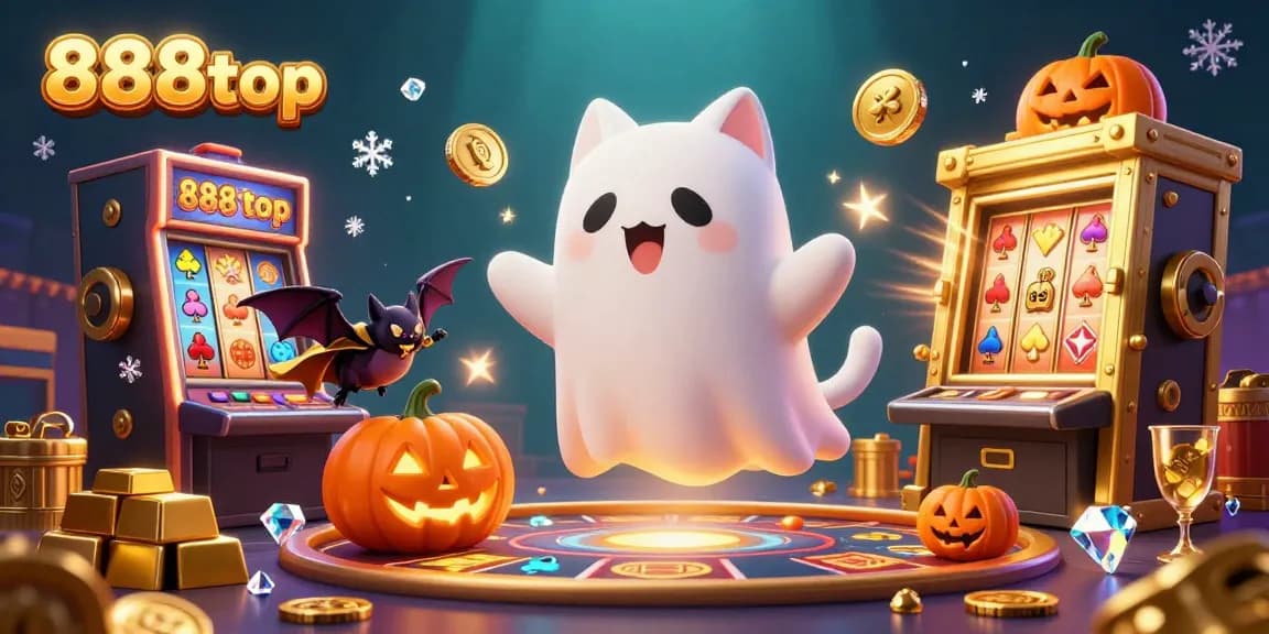 Experience thrilling gaming at 888top with a ghost cat and vampire bat amidst vibrant casino action.