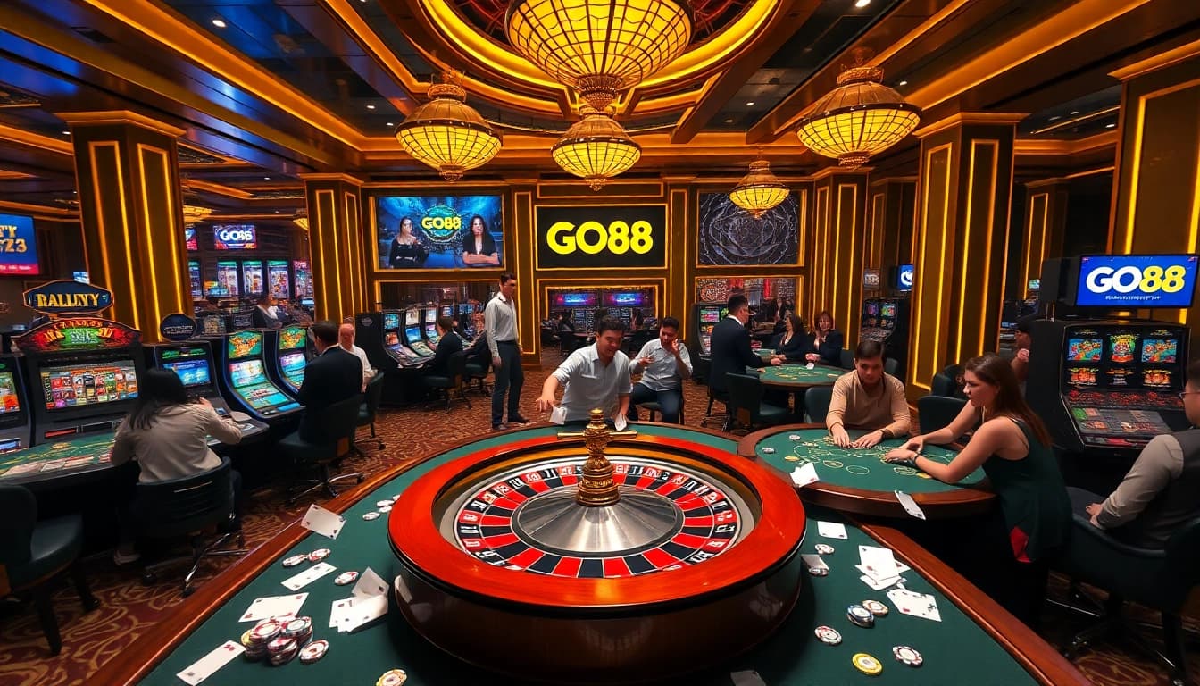 Experience the excitement at GO88 with vibrant poker tables and colorful slot machines in a luxurious casino setting.