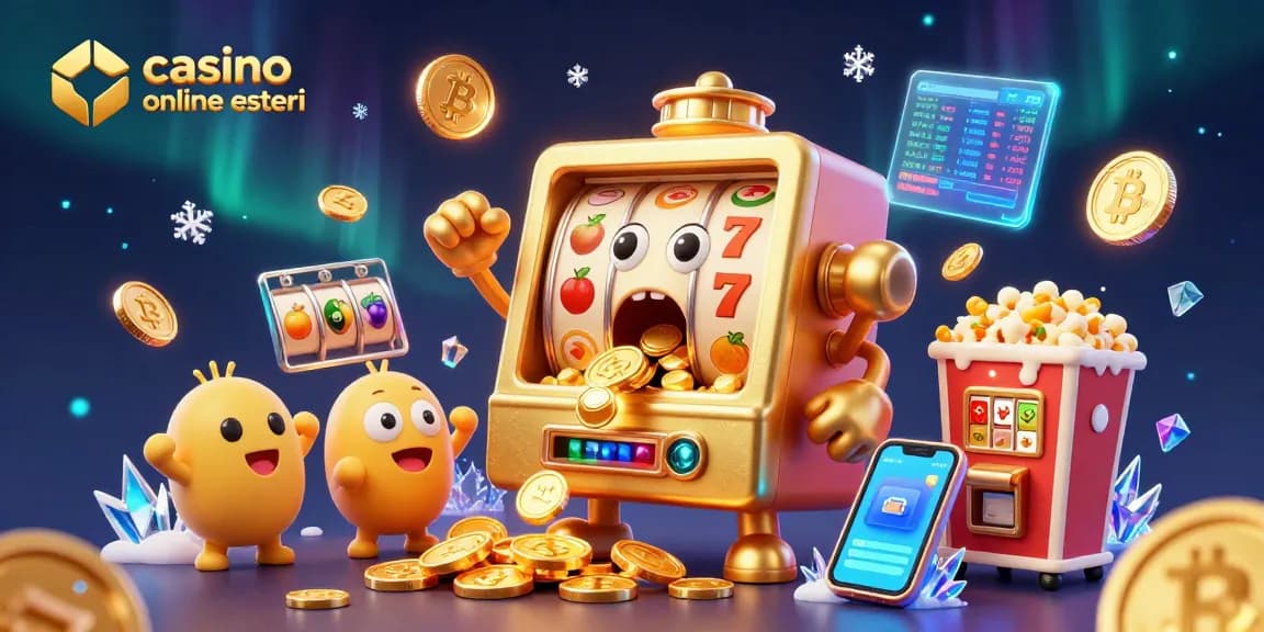 Casinò online esteri: slot machine d'oro festeggia il jackpot con monete che piovono e macchine più piccole in festa.