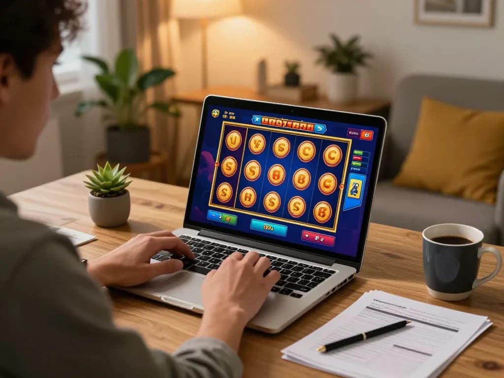 Engaging online casino scene showcasing a player enjoying a bonus new member promotion while playing slots on a laptop at home.