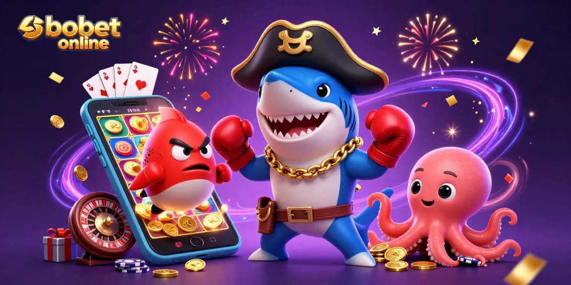Experience sbobet online with exciting casino characters celebrating big wins amidst vibrant game visuals.