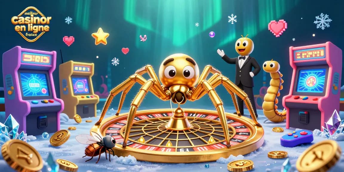 Illustration 3D de la scène "meilleur casino en ligne France" avec une araignée dorée et des jeux captivants.