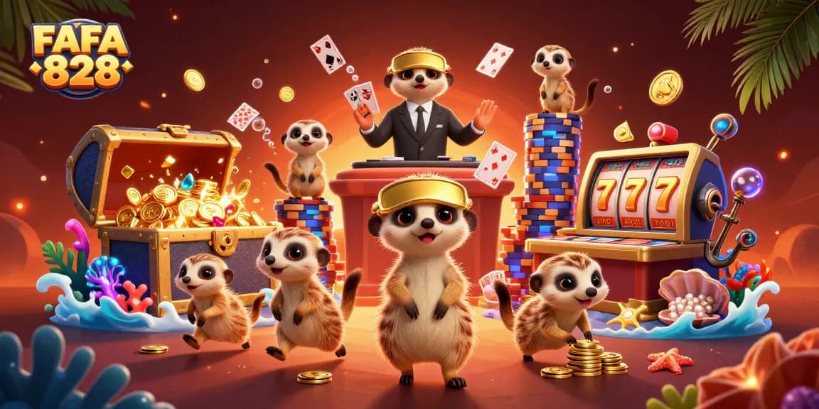 Engage in FAFA 828's dynamic casino scene with meerkats, slot reels, and gold treasure.