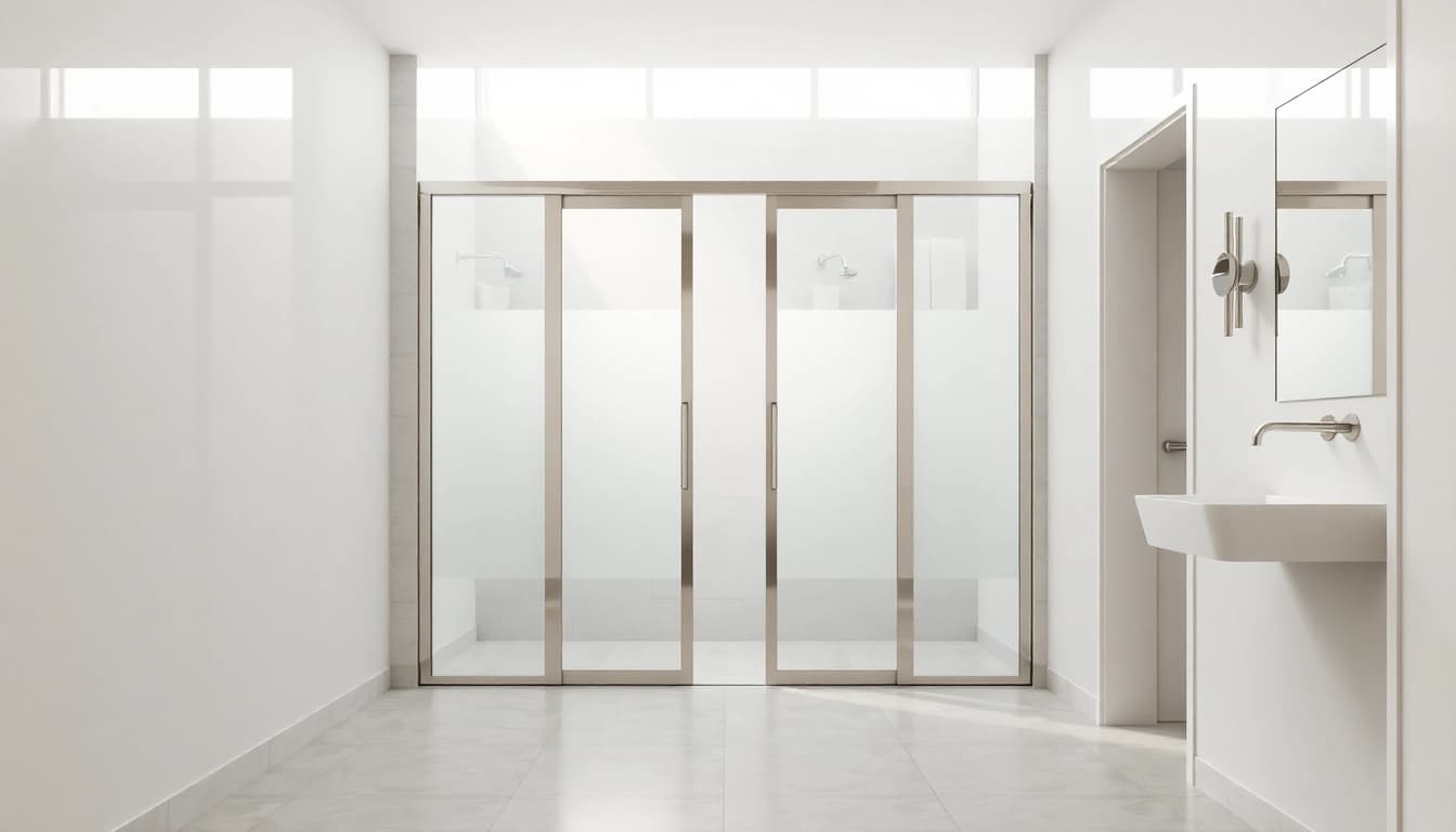 Showcase modern shower sliding doors featured in a bright bathroom setting.