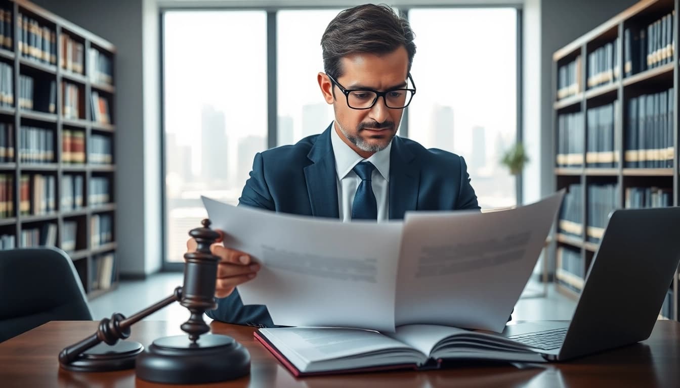 Legal Recoveries expert analyzing documents in a bright modern office environment.