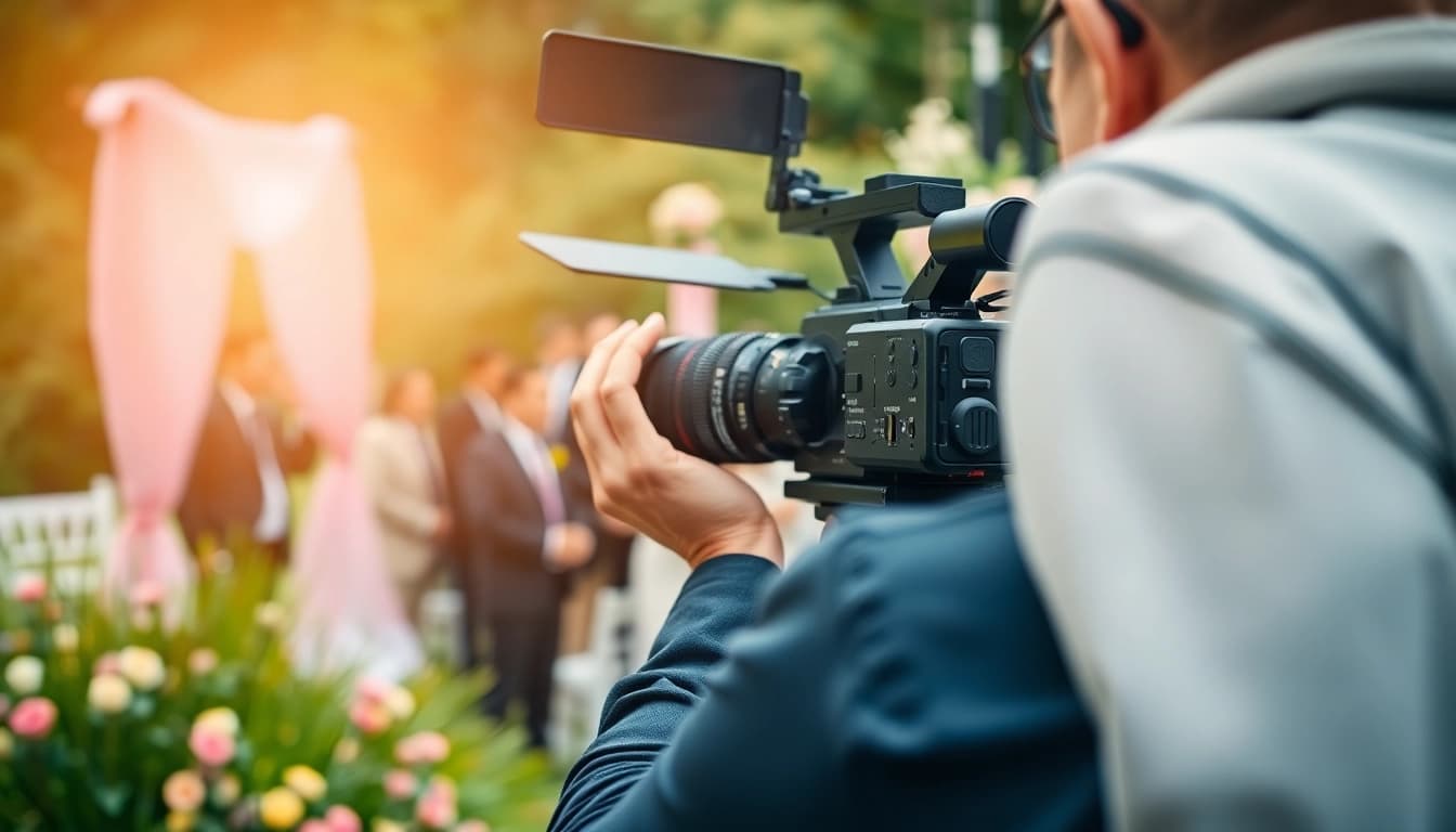 Capture on-site videography of a wedding celebration featuring a professional videographer.
