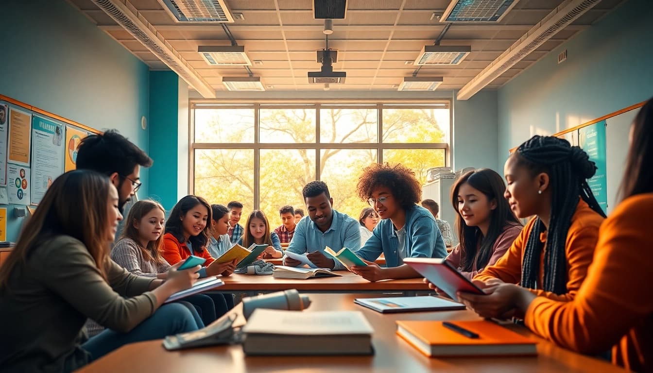 Engaging classroom scene emphasizing education equity and innovation, showcasing diverse students collaborating.