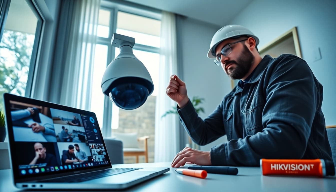 Instalación de Cámaras Hikvision por un técnico en una casa moderna.