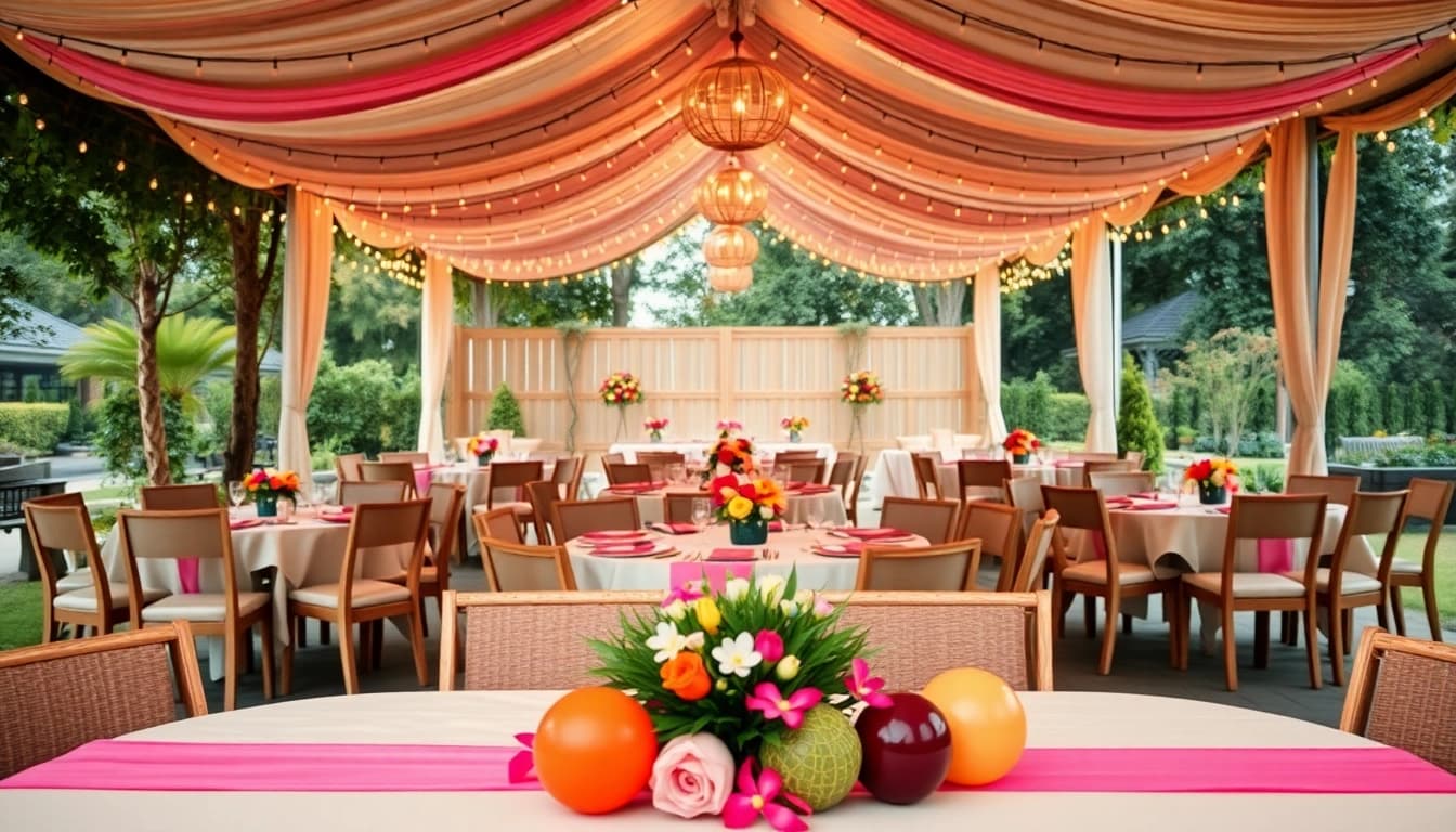 Set of elegant Table & Chair Rentals arranged beautifully for an outdoor event.