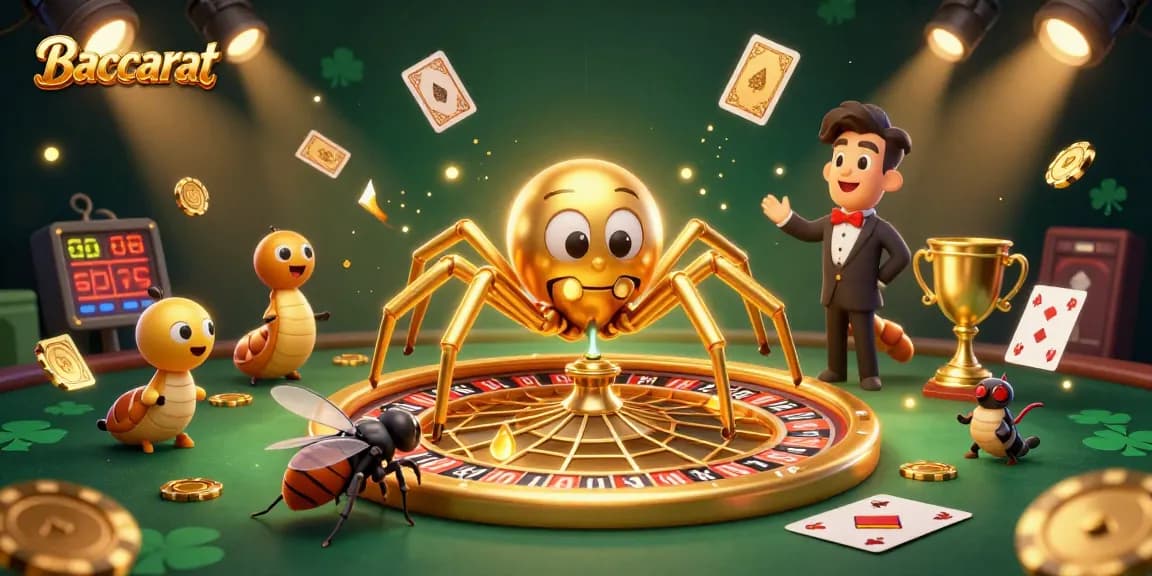 Baccarat strategy scene with a spider and centipede croupier amidst a vibrant casino atmosphere.