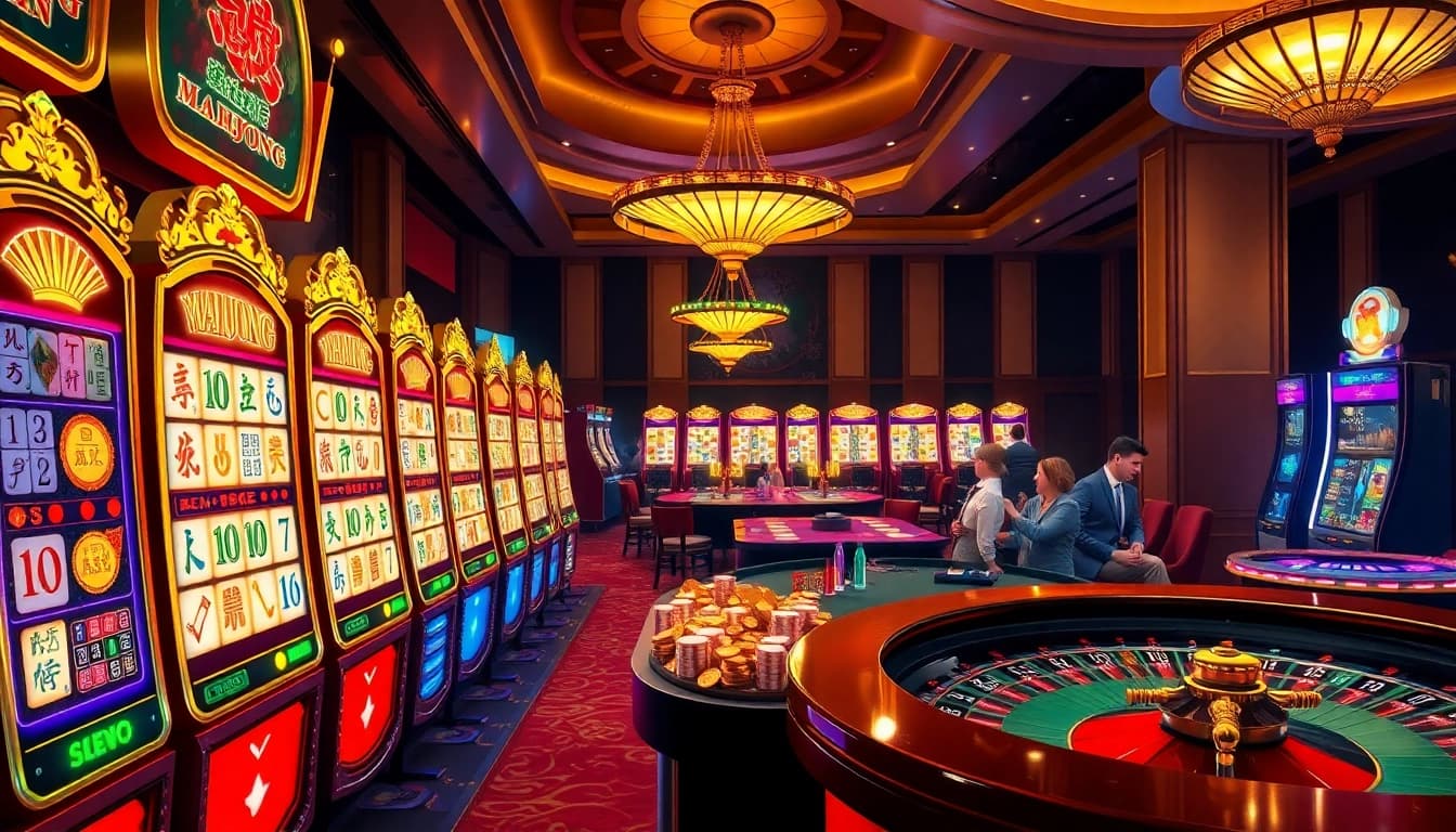 Experience the thrill of a mahjong slot demo amidst a luxurious casino scene showcasing vibrant slot machines and exciting gameplay.